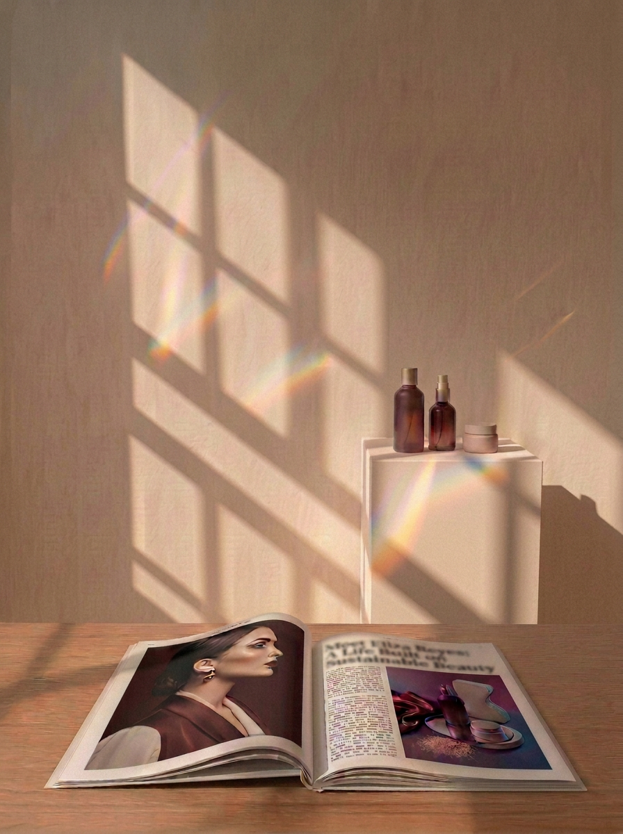 A miniature trio of unbranded beauty vessels on a slender cream plinth washed in framed-window daylight and prismatic color, behind an open beauty trade magazine featuring an executive profile